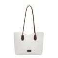 White tote bag with brown straps, stylish commuter shoulder bag for women summer fashion. - Without Ornament / White