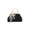 Vintage black evening bag with gold frame, pearl chain, and elegant lace bow for women. - Without Ornament / Black