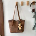 Brown tote bag large capacity shoulder bag with cute bear pendant casual daily handbag - With Pendant / Tan