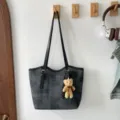 Black dark pattern large capacity shoulder tote bag with cute bear pendant for daily commuting. - With Pendant / Black