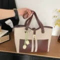 Canvas Leather Tote Bag Contrast Stitching Large Capacity Handbag Casual Commuter Style - With Pendant / Coffee