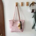 Pink canvas tote bag for women, large shoulder bag with cute bear charm for daily commute. - With Pendant / Pink