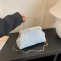 Exquisite vintage light blue embroidered evening bag with gold hardware and chain strap. - Without Ornament / Blue