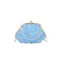 Blue rose mesh evening bag with pearl handle and gold chain strap for women chic crossbody. - Blue