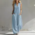 Summer casual V-neck sleeveless loose jumpsuit for women with pockets and front buttons style. - S / Top And Bottom / Sky Blue