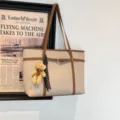 Beige large capacity tote bag with brown straps and cute bear pendant, stylish casual handbag. - With Pendant / Off White