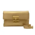 Gold crossbody chain bag for women, stylish metallic shoulder clutch with geometric lock. - Gold