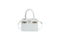 White leather mini handbag with top handles, gold hardware, and chic crossbody strap. - White