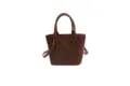 Brown leather bucket bag with woven lattice embroidery, top handles and shoulder strap. - Tan