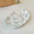 French vintage ceramic oval plate with misty blue floral pattern and elegant embossed rim. - 9-inch Oval Plate (23.2*15*2.2cm)