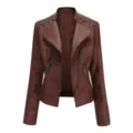 Damen braune Kunstleder Jacke kurze schmale Bikerjacke Streetwear stilvolle Oberbekleidung. - S / Oberteile / Kaffeebraun