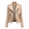 Damen Kunstleder Bikerjacke in Aprikose, schmaler kurzer Motorradmantel mit Reißverschluss. - S / Oberteile / Khaki