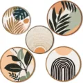 Bohemian wood wall art set, 5 pieces round botanical sun rainbow hanging decor for home. - Boho
