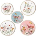 Round wooden wall hanging decor set featuring botanical watercolor floral art for home interior decor. - Painted Wildflowers