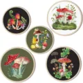 5-piece round wooden mushroom wall decor vintage botanical art hanging plaque set for home - Jungle Mushrooms