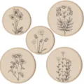Bohemian wooden wall decor set of 5 round botanical art plaques rustic hanging ornaments. - Black and White Floral