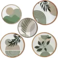 Conjunto de decoracion de pared de madera bohemia, placas redondas de arte abstracto - Follaje Verde