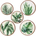 Juego de 5 placas de pared redondas de madera, decoracion arte botanico boho chic. - Hoja
