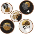Set de arte de pared redondo de madera boho, impresiones botánicas abstractas con hojas de oro. - Hojas Rústicas