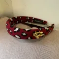 Red leopard print tweed headband with gold horse charm, thick winter hair hoop accessory. - Polka Dot