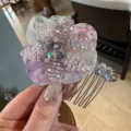 Crystal flower hair comb detail shot, sparkling bead floral design with sheer fabric layers. - Mesh Flower Hair Comb