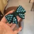 Barrette a cheveux noeud strass vert, pince printaniere scintillante pour femme et fille. - Vert