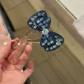 Pince à cheveux nœud strass bleu foncé style coréen, griffe de cheveux brillante mode femme. - Bleu encre