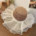 French straw hat women summer beach hat with white organza ruffled brim and pearl trim. - Khaki with Lace and Pearls