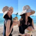 Reversible bucket hat for women, wide brim sun protection beach hat, floral and solid color. - Double-Sided Large Flower [Beige]