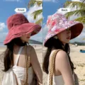 Women reversible sun bucket hat wide brim UV protection floral solid beach summer cap - Double-Sided Large Flower [Red]