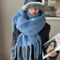 Dikke pluizige blauwe wintersjaal warme mohair stijl kwast zachte warme nekwarmer - Denim Blauw