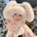 Schattige konijn pluche muts winter warme capuchon sjaal voor vrouwen dikke oorkleppen. - 2-delige set / Beige