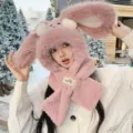 Schattige roze pluche konijnenoor muts sjaal winter warme winddichte fleece pet voor meisjes - 2-delige set / Roze