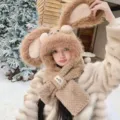 Schattige konijnenoren pluche hoed sjaal winter warme hoodie oorbeschermers zacht - 2-delige set / Kaki