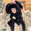 Cute plush bunny ear hat scarf set winter warm hooded neck warmer for girls and students. - Two-Piece Set / Black
