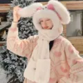Cute plush rabbit ear hooded scarf hat winter warm cute cartoon windproof one-piece cap for women - Three-Piece Set / White