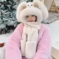 Cute rabbit ear plush hooded scarf winter warm hat for girls, white fluffy rabbit design. - Three-Piece Set / Beige