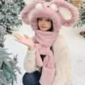 Cute Pink Bunny Plush Hat Scarf Winter Warm Earflap Hooded Cap For Women And Girls - Three-Piece Set / Pink