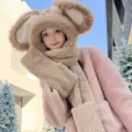 Plush rabbit ear hat scarf winter cute warm hooded furry beanie for women and girls - Three-Piece Set / Khaki