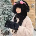 Cute blush rabbit plush hat scarf set for winter warm winterwear cozy cute student gear - Three-Piece Set / Black
