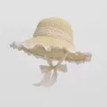 French style beige straw hat with white lace trim and ribbon ties for women summer beach sun. - Beige Lace Straw Hat