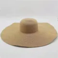 Women Straw Hat Flat Top Wide Wavy Brim Sun Protection Beach Hat Summer Khaki Style - Khaki Oversized Straw Hat