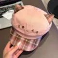 Roze schattige kattenoor geruite octogonale hoed, casual retro mode pet voor dames. - Roze