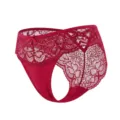 Sexy red lace thong for women featuring heart cutout design, low waist and cute bow detail. - Red