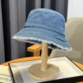 Washed denim bucket hat for women, spring summer distressed raw edge sun protection cap. - Fringed Style / Medium Blue