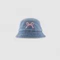 Blue denim bucket hat for women with cute pink bow embroidery, stylish sun protection. - Butterfly Denim (Light Blue)