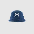 Blue denim bucket hat for women with white bow embroidery, cute summer sun protection. - Butterfly Denim (Dark Blue)