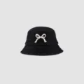Black denim bucket hat for women with a cute white bow embroidery, summer sun protection. - Butterfly Denim Hat (Black)