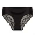 Sexy black women's mid-high waist lace briefs with breathable hollow floral design. - S / Bottoms / Black