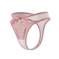 Women's low waist sexy lace thong panties with satin bow trim and breathable mesh design. - S / Pink